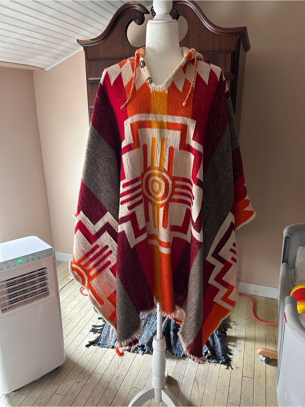 Southwestern Hooded Poncho in Red, Orange, Cream